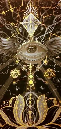 This phone live wallpaper features an intricate painting of an all seeing eye surrounded by symbols in gold and steel