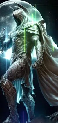 This high-quality phone live wallpaper features an impressive 8K resolution image of someone wearing armor standing in front of a full moon