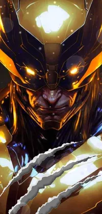 This phone live wallpaper features an up-close view of a person in full armor with yellow lightning bolts on an album-inspired gold skin background