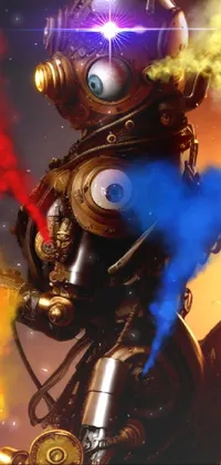 This live wallpaper features a intricately detailed robot emitting smoke, an airbrushed Jules Chéret inspired painting, steampunk aesthetics, a vibrant goddess with a colorful aura, and a technicolor rendering of an unreal engine