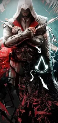 This phone live wallpaper depicts a bold and dramatic poster art style, featuring a man standing with a sword against a dark backdrop