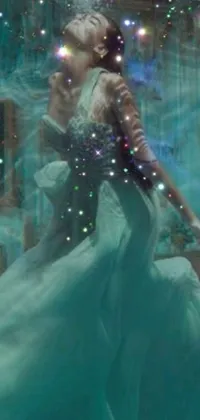 This phone live wallpaper is a digital art illustration featuring a woman in a green dress standing underwater