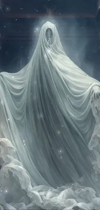The perfect gothic live wallpaper for your phone - a hauntingly beautiful ghostly figure with an otherworldly aura standing in a dimly lit room dressed as an oracle, with a flowing funeral veil, exquisitely detailed face, haunting eyes and wistful expression