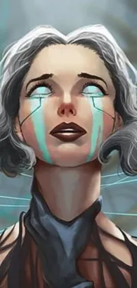 This phone live wallpaper showcases an enchanting cyberpunk-style drawing of a melancholic woman with tears on her face
