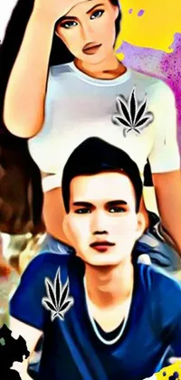 This marijuana-inspired live phone wallpaper features a digital colorful painting of two teenagers sitting on a green grass field with mountains in the background