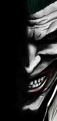 Explore the eerie yet captivating digital art of a green-haired, grinning joker with sharp fangs