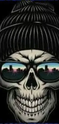 Looking for a trendy and edgy phone live wallpaper? This vector art design features a cool skull wearing sunglasses and a beanie against a black background, perfect for fans of street art