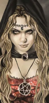 This phone live wallpaper showcases a striking image of a woman with long flowing hair wearing a gothic outfit and black veil