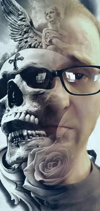 This live phone wallpaper showcases a man with a cool skull and rose tattoo