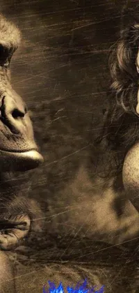 This black and white live wallpaper features a stunning portrait of a woman and a gorilla