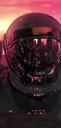 This live wallpaper features a close up of a character in a space suit, set against a futuristic cyberpunk cityscape