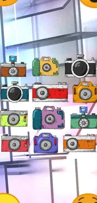 This phone live wallpaper features a collection of cameras arranged in a colorful pop-art inspired collage