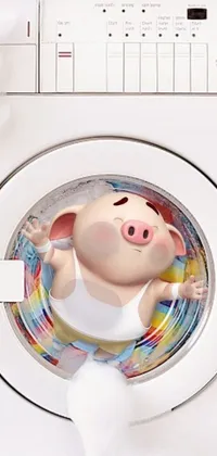 This phone live wallpaper features a delightful representation of a pig taking a spin inside a washing machine