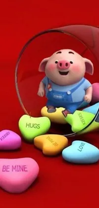 This charming live wallpaper showcases a delightful pig comfortably nestled inside a bucket overflowing with assorted sweets