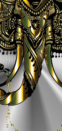 This phone live wallpaper showcases a striking gold elephant donning regal crown, with ornate bikini armor design in Arabic calligraphy inspired theme
