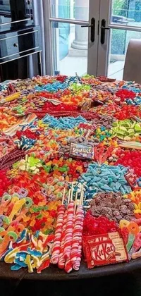 Enjoy a sweet and colorful experience with this phone live wallpaper! The table is covered in a vast array of candies, ranging from gummy bears to chocolate bars, all with unique designs and colors