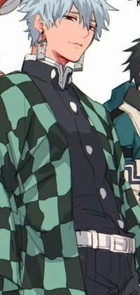This phone live wallpaper features a group of anime characters wearing green jackets with dazzle camouflage