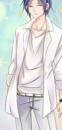This live wallpaper features a striking anime drawing of a man with blue hair dressed in a white shirt, lab coat, kawaii shirt and jeans