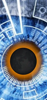 This live phone wallpaper features a close-up digital rendering of a blue eye within a black hole, surrounded by an otherworldly aura