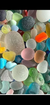 This phone live wallpaper showcases a pile of colourful sea glass arranged on a wooden table