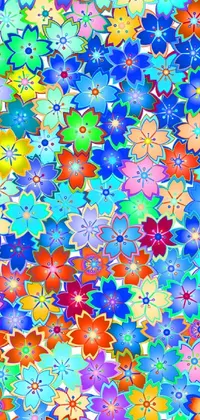 This live wallpaper features colorful, pointillism-style flowers on a blue background