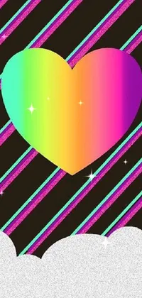 This live phone wallpaper features a vibrant rainbow heart on a black and white striped backdrop, with a holographic sticker effect