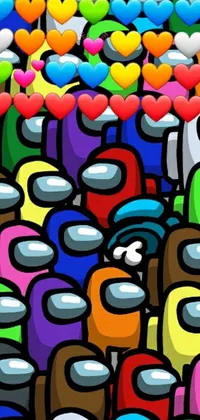 This live wallpaper displays a festive scene featuring a large group of people holding heart-shaped balloons in various bold colors