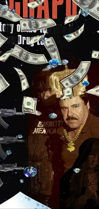 This phone wallpaper boasts a striking collage design, featuring the cover artwork of "El Chapo: The Story of the World's Most Notorious Drug Lord," an album cover, and artwork by Les Nabis
