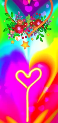 Looking for a quirky and colorful live wallpaper for your phone? Check out this exciting design with a rainbow heart and key, flickr effect, psychedelic art, flowing neon silk, avatar image, colorful fire, kitty ears, and glittery stars