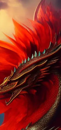 This phone live wallpaper features a fierce red dragon resting on a green field, with intricate patterns and symbols surrounding it