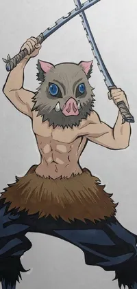 This unique live wallpaper features an anime-style drawing of a man holding a sword, with a furry hyena-inspired fursona