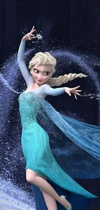 This stunning phone live wallpaper is inspired by a popular animated movie and features a beautiful woman in a blue dress dancing in the snow