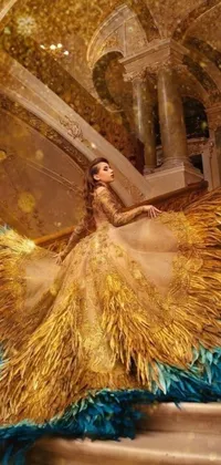 Introducing a gorgeous phone live wallpaper featuring a stunning woman in a gold and blue baroque dress made of feathers