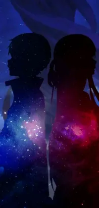 This phone live wallpaper features two anime characters standing together against a galaxy background