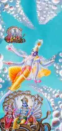 This mobile live wallpaper boasts a stunning depiction of Hindu deities in a floating jump pose, encompassed by vibrant bubbles that create an enchanting visual effect