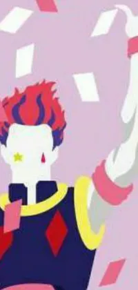 This dynamic phone live wallpaper features a energetic jester-themed character with fiery red hair, standing tall and with arms raised in enthusiastic inspiration
