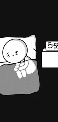 This live wallpaper for your phone presents a fun and adorable black and white cartoon of a person sleeping in a bed