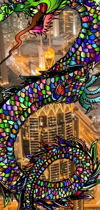 If you're searching for a lively and vibrant live wallpaper for your phone, then this colorful dragon flying over a lively city at night is sure to take your breath away