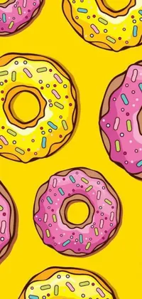 This phone live wallpaper showcases a vibrant pop art-style illustration consisting of assorted donuts embellished with colorful sprinkles, set on a bright yellow background