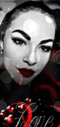 Looking for a unique and striking live phone wallpaper? Look no further than this digital art-inspired image, featuring a black and white photo of a woman with red lips surrounded by hearts