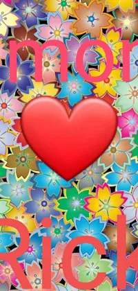 Brighten up your phone's homescreen with this stunning digital pop art wallpaper featuring a pulsing red heart surrounded by a colorful array of flowers