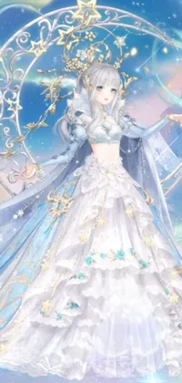 This live wallpaper displays a stunningly detailed painting of a woman in a white dress and astral witch clothing, giving off a mystical and ethereal vibe