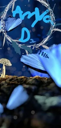 This phone wallpaper features a stunning image of a silver ring perched atop a pile of dirt, accompanied by glowing blue mushrooms and a fluttering butterfly