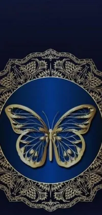 This phone live wallpaper showcases a beautiful gold butterfly set on a blue background with intricate vector art detailing