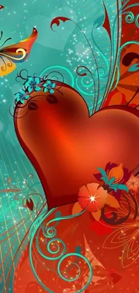 This stunning phone live wallpaper features a charming and romantic heart with a delicate butterfly perched on top, surrounded by vibrant and colorful flowers in shades of red and cyan