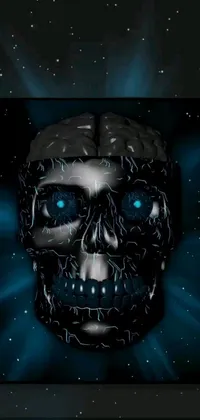 This intriguing phone live wallpaper features a digital art image of a skull with glowing blue eyes, set against a backdrop of swirling galaxy-inspired blues and purples
