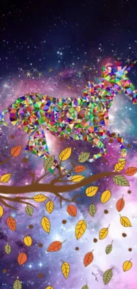 This live wallpaper features a colorful bird sitting on a mosaic tree branch against a galaxy of stars background