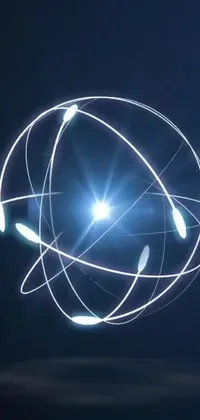 This phone live wallpaper presents a close-up of a handheld mobile device with a holographic glowing sphere and motion graphic energy trails