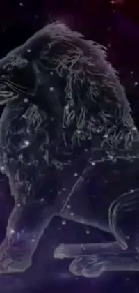 This live wallpaper for your phone showcases a hologram of a lion statue, set against a nebula backdrop in stunning black and purple hues