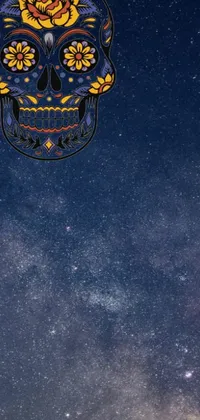 This colorful phone live wallpaper showcases a sugar skull design with a space art background